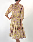 50s Full Skirt Dress Drop Waist Purple Floral Print Leslie Fay VFG