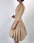 50s Full Skirt Dress Drop Waist Purple Floral Print Leslie Fay VFG