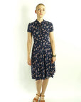 70s Vintage Day Dress Floral Rayon Swingy 40s Inspired Women's Small VFG