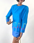 80s Turquoise Mini Dress Geometric Op Art Jewel Toned Tunic VFG
