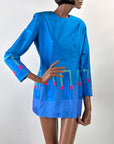 80s Turquoise Mini Dress Geometric Op Art Jewel Toned Tunic VFG