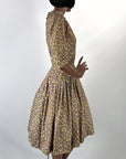 50s Full Skirt Dress Drop Waist Purple Floral Print Leslie Fay VFG