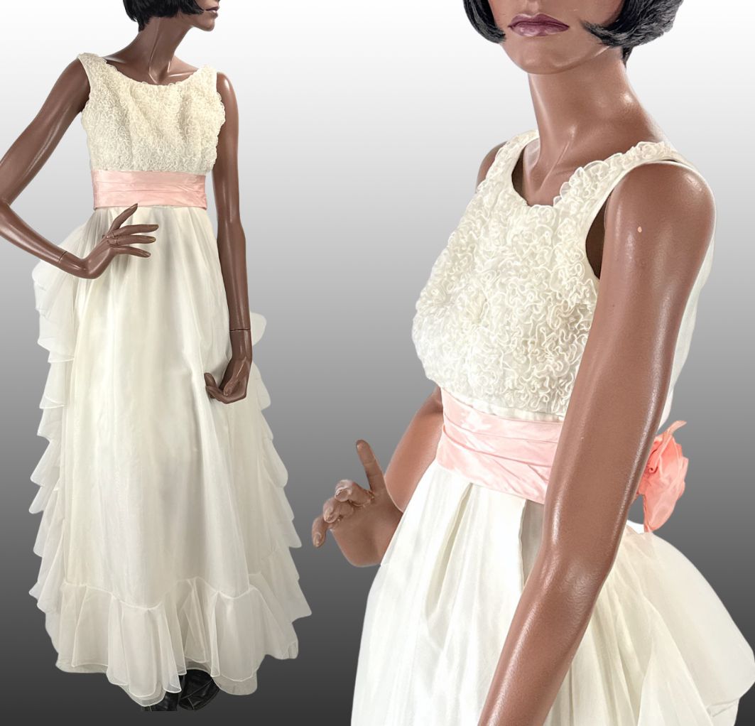 Vintage 60s Modest Organza Formal Gown Prom Dress XS Piccione Alfred Angelo VFG