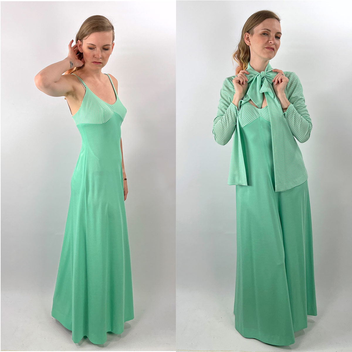 70s Maxi Dress & Jacket Mint Green Stripe Vintage Joan Sparks for Alamor VFG Small 70s Maxi Dress & Jacket Mint Green Stripe Vintage Joan Sparks for Alamor VFG Small