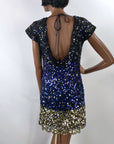 90s Ombre Sequin Mini Dress Women's Vintage Black to Blue to Gold Dance Party Arden B Small VFG