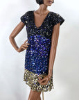 90s Ombre Sequin Mini Dress Women's Vintage Black to Blue to Gold Dance Party Arden B Small VFG