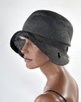 Vintage 20s Hat Deep Cloche Brim Black Straw M/L Beresford VFG