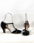 Flapper T-Strap Evening Heels 20s Black Vintage Shoes Silver Lightning Bolts VFG