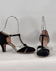 Flapper T-Strap Evening Heels 20s Black Vintage Shoes Silver Lightning Bolts VFG