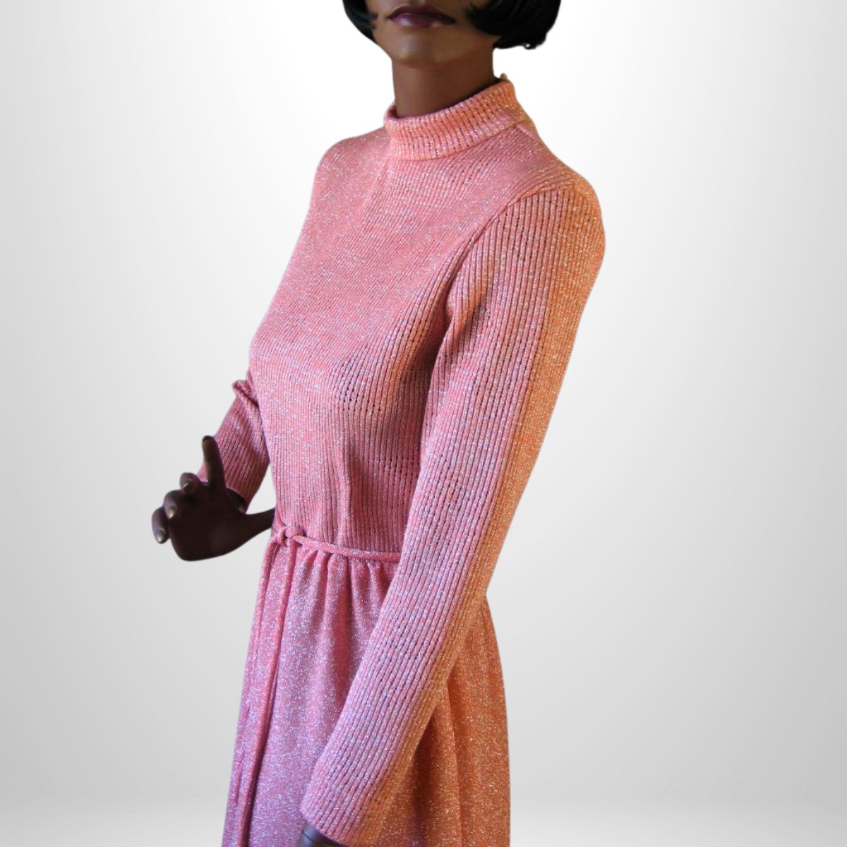 70s Vintage Peach Sparkle Knit Mod Party Dress Women's Maxi Medium Stars VFG Bleeker Street
