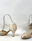 20s Vintage Strappy T-strap Heels Flapper Dance Shoes White Satin Fashion Bootery VFG