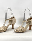 20s Vintage Strappy T-strap Heels Flapper Dance Shoes White Satin Fashion Bootery VFG