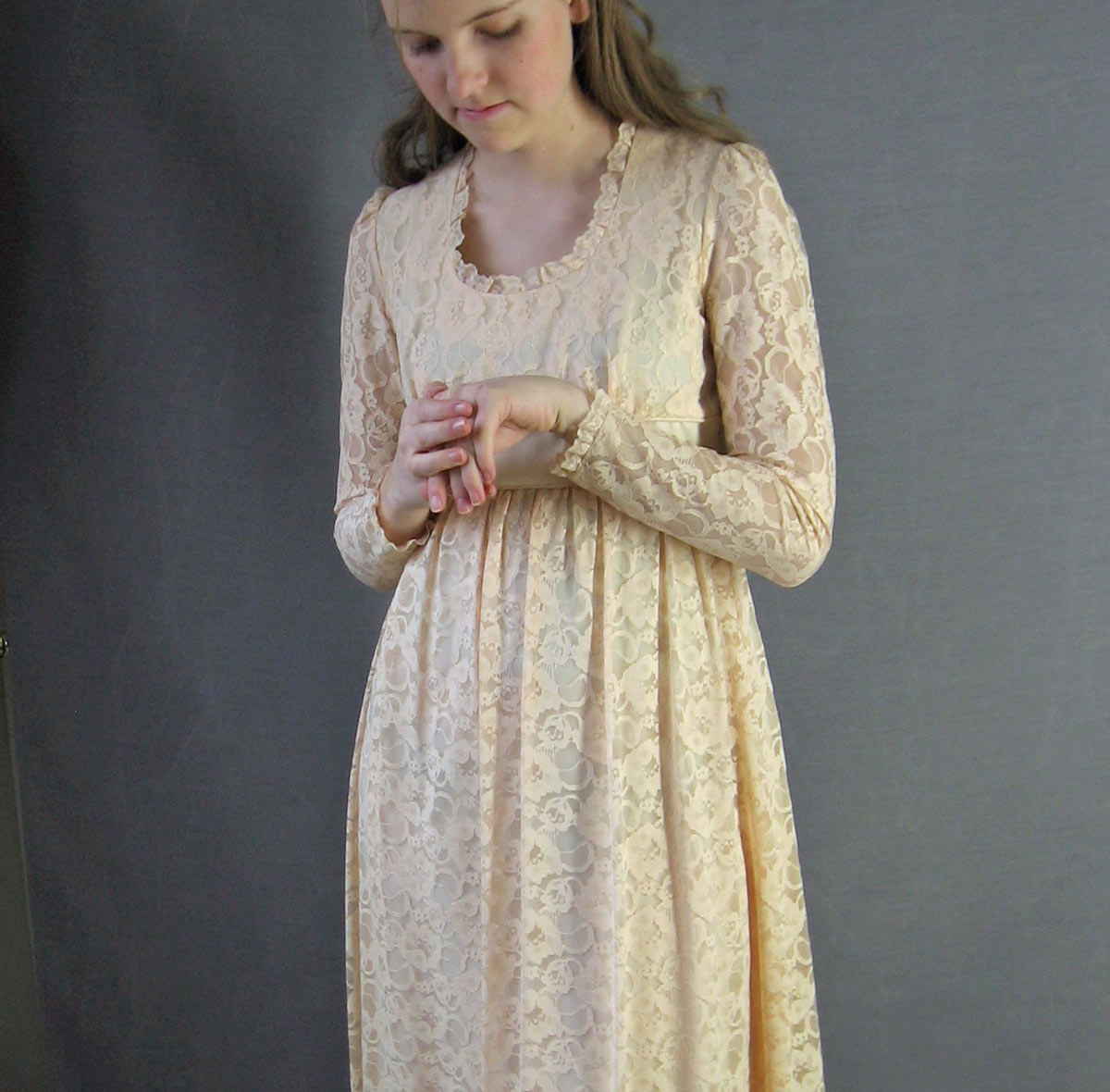 fitted lace wedding dress 70s Dress Bridgerton Lace Boho Maxi Empire Waist VintageExtra Small to Small Candi Jones Long VFG