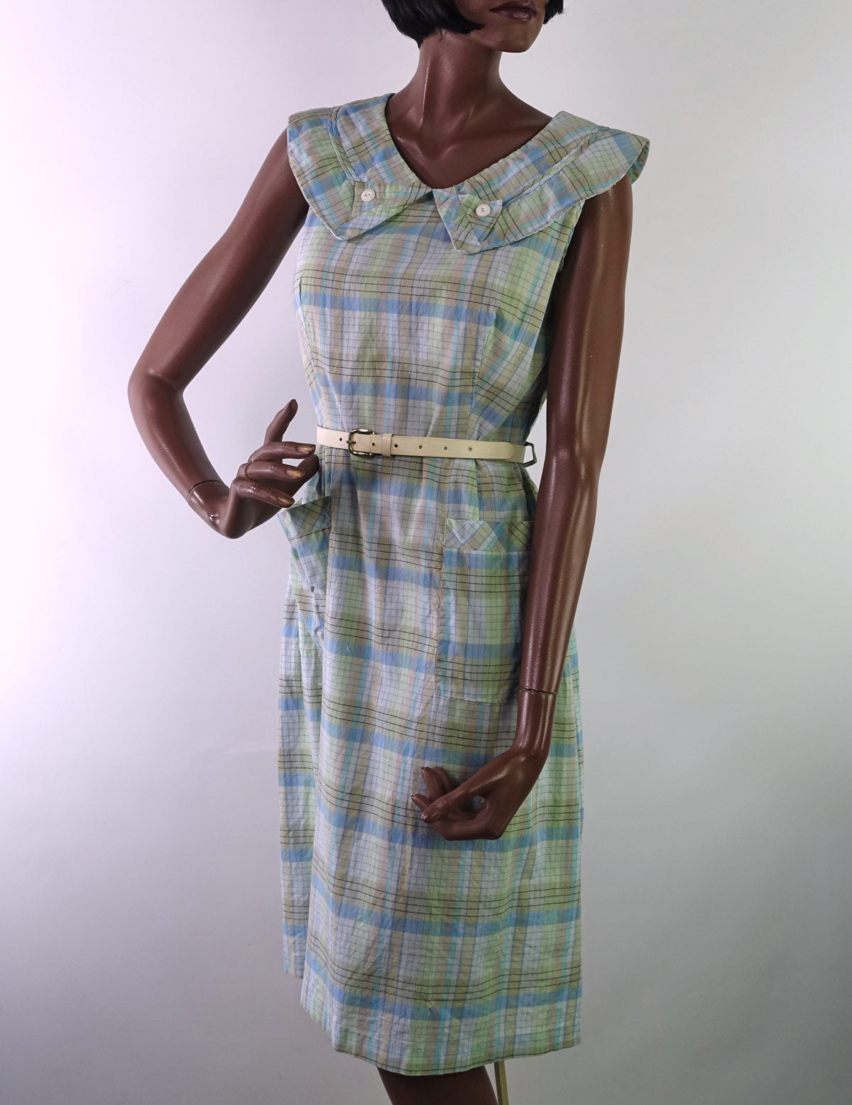 50s 60s Pastel Plaid Sun Dress Vintage Gold Threads Large Carol Brent VFG