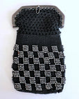 20s Steel Cut Beaded Coin Purse Black & Silver Checkerboard Antique VFG