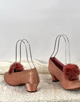 Vintage 20s Pink Satin PomPom Slippers Daniel Green As-Is VFG