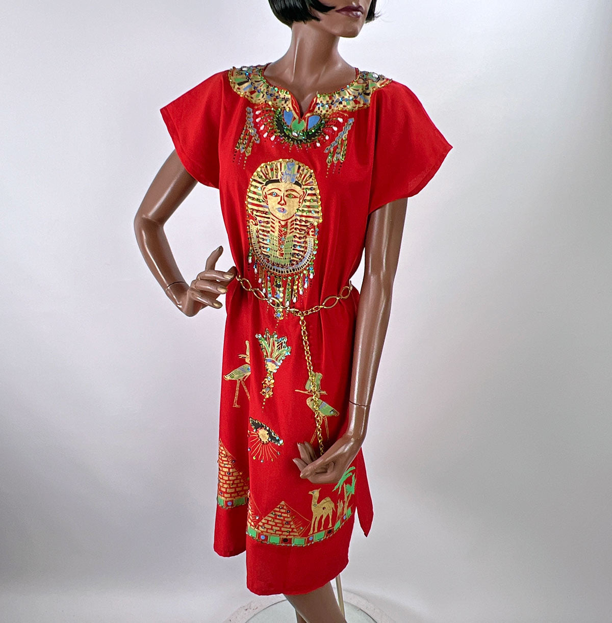 90s Y2k Caftan Egyptian Motifs Blingy Red Vintage Shift Dress VFG 90s Y2k Caftan Egyptian Motifs Blingy Red Vintage Shift Dress VFG