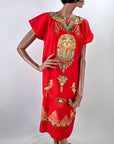 90s Y2K Caftan Egyptian Motifs Blingy Red Vintage Shift Dress VFG