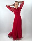 70s Goddess Gown Long Chiffon Dress Draped Bodice Women's Modest M VFG Miss Elliette
