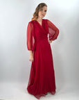 70s Goddess Gown Long Chiffon Dress Draped Bodice Women's Modest M VFG Miss Elliette