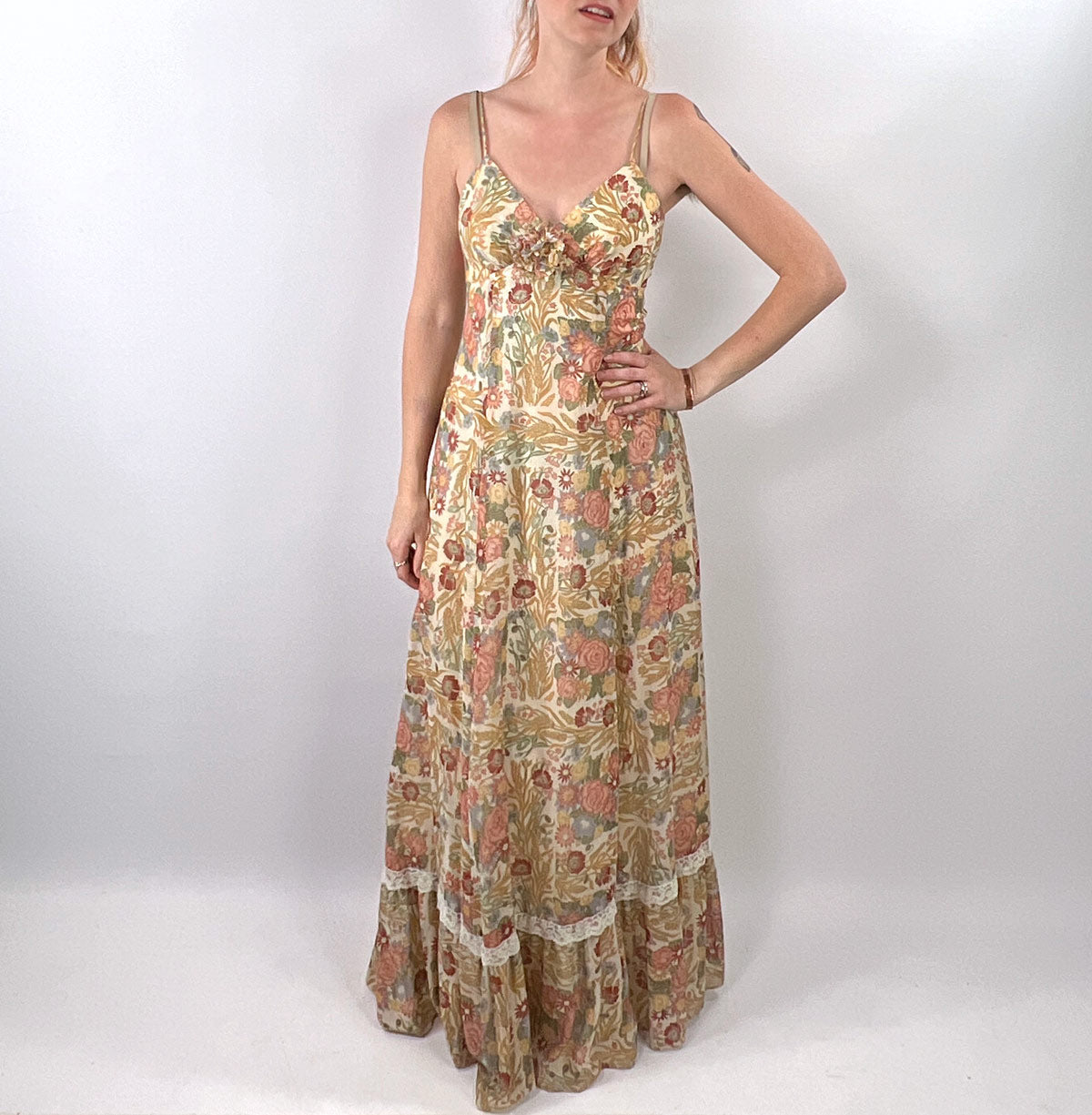 70s Maxi Sun Dress Vintage Floral Gauze Festival Cottagecore Gunne Sax Style Small VFG