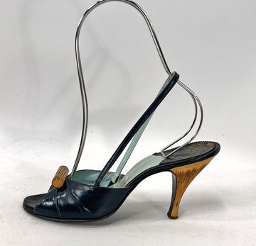 50s Open Toe Slingback Heels Vintage Shoes Carved Wood Trim Jacques Fath Paris VFG