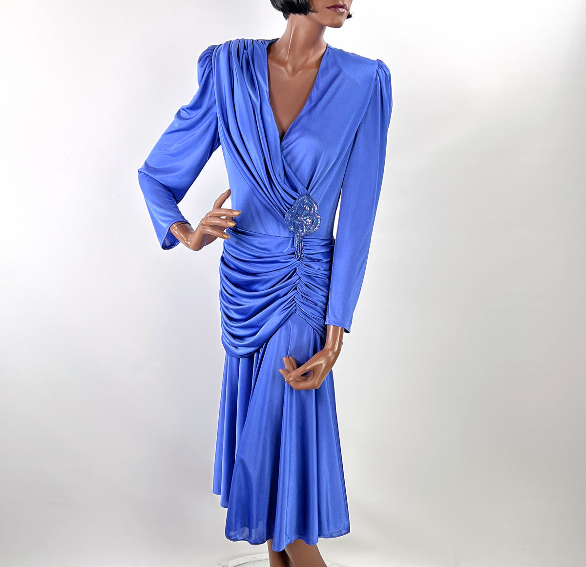 Dramatic 80s Cocktail Dress Women's Vintage Periwinkle Draped Sparkly Accent M/L Filigree VFG