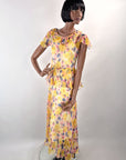 20s Garden Party Dress Vintage Pastel Floral Print Silk Chiffon XS VFG