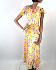 20s Garden Party Dress Vintage Pastel Floral Print Silk Chiffon XS VFG