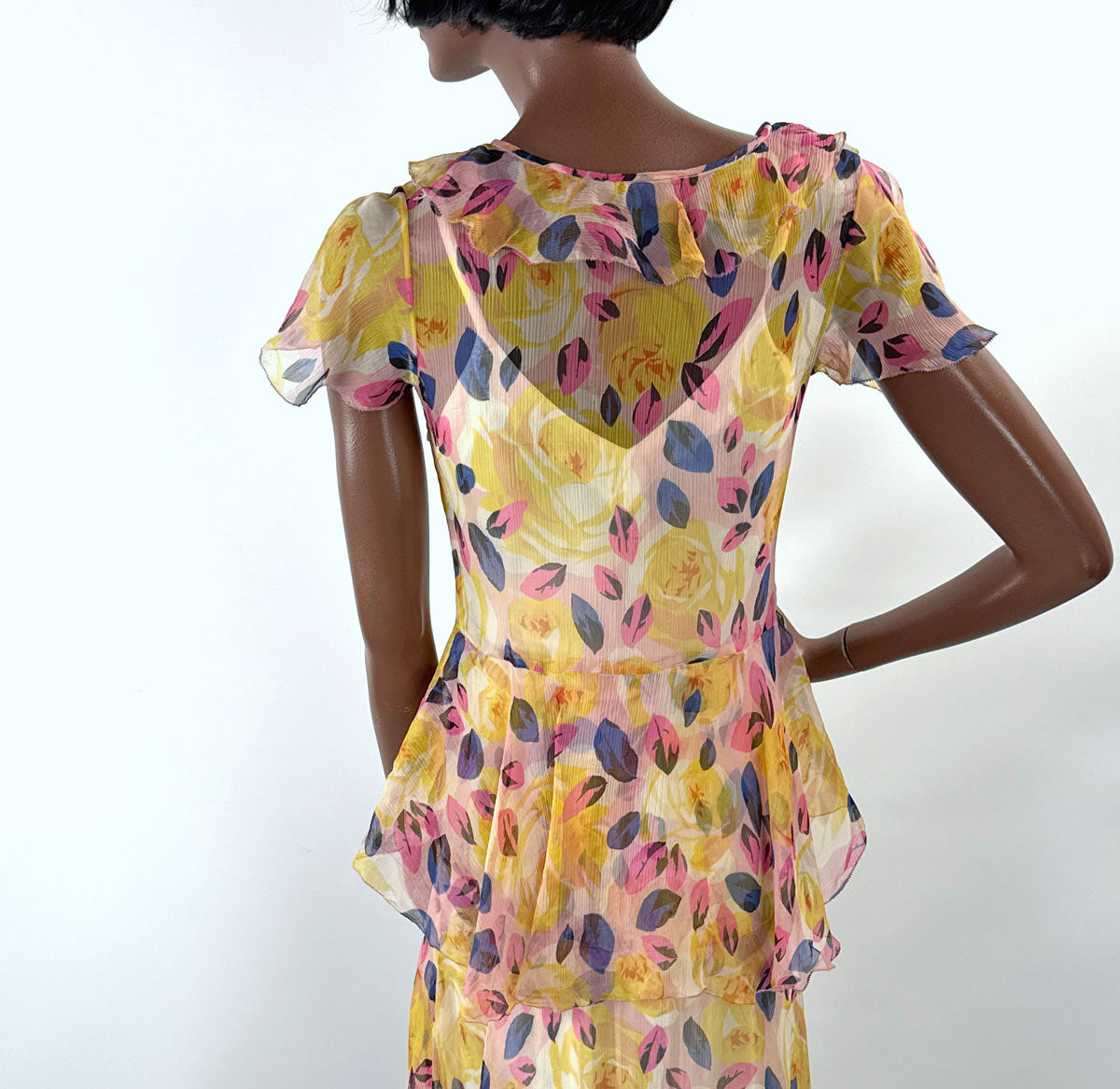 20s Garden Party Dress Vintage Pastel Floral Print Silk Chiffon Xs VFG