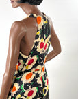 Old Hollywood 30s Halter Neck Evening Dress Vintage Silk Satin Racer Back Floral Print VFG