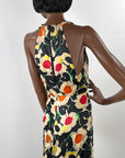 Old Hollywood 30s Halter Neck Evening Dress Vintage Silk Satin Racer Back Floral Print VFG