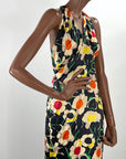 Old Hollywood 30s Halter Neck Evening Dress Vintage Silk Satin Racer Back Floral Print VFG