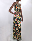 Old Hollywood 30s Halter Neck Evening Dress Vintage Silk Satin Racer Back Floral Print VFG