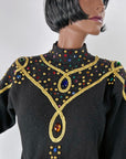 80s Vintage Gem Sweater Women's Pullover Long Sleeve Black Medium VFG