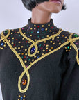 80s Vintage Gem Sweater Women's Pullover Long Sleeve Black Medium VFG