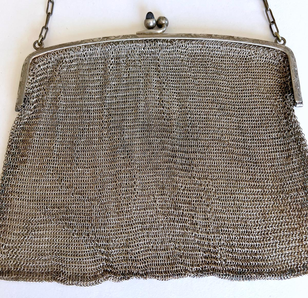 20s Vintage Micro Mesh Chainmail Purse Antique Handbag Faux Sapphire Clasp VFG