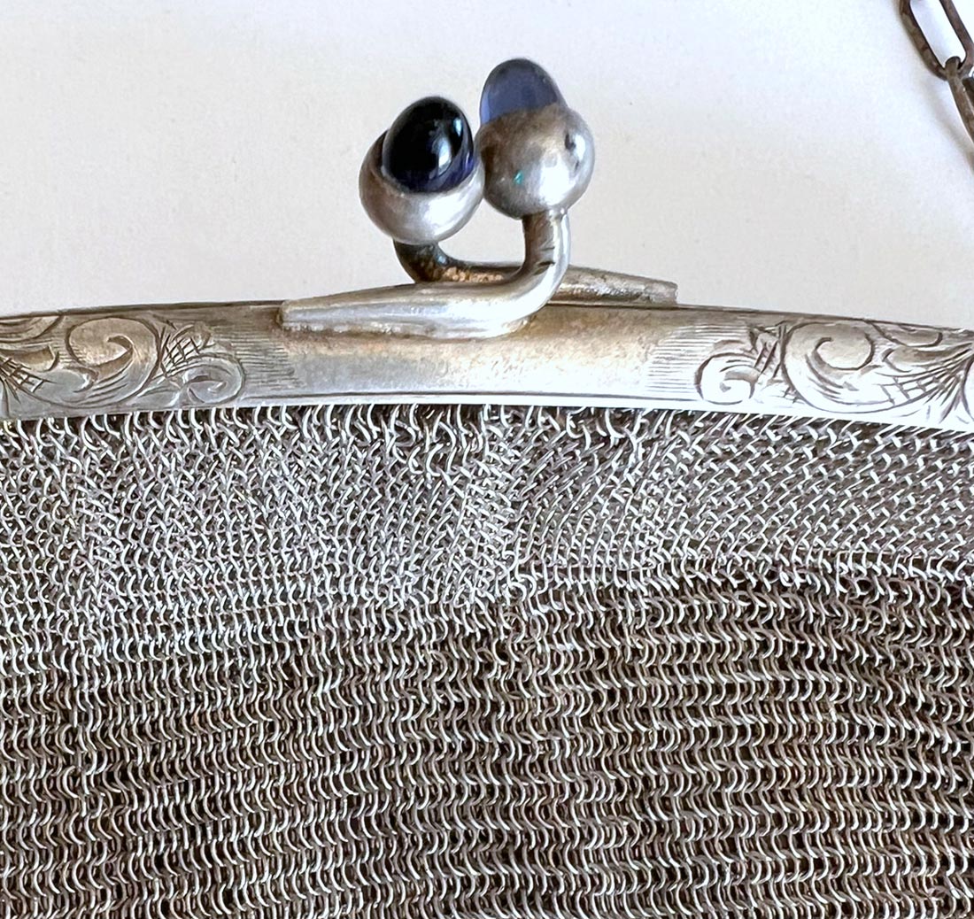 20s Vintage Micro Mesh Chainmail Purse Antique Handbag Faux Sapphire Clasp VFG