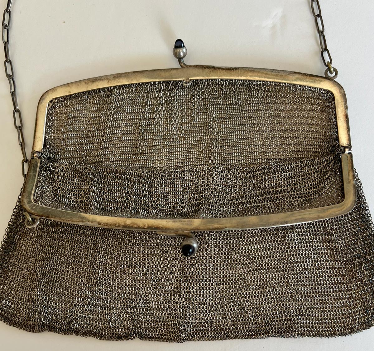 20s Vintage Micro Mesh Chainmail Purse Antique Handbag Faux Sapphire Clasp VFG