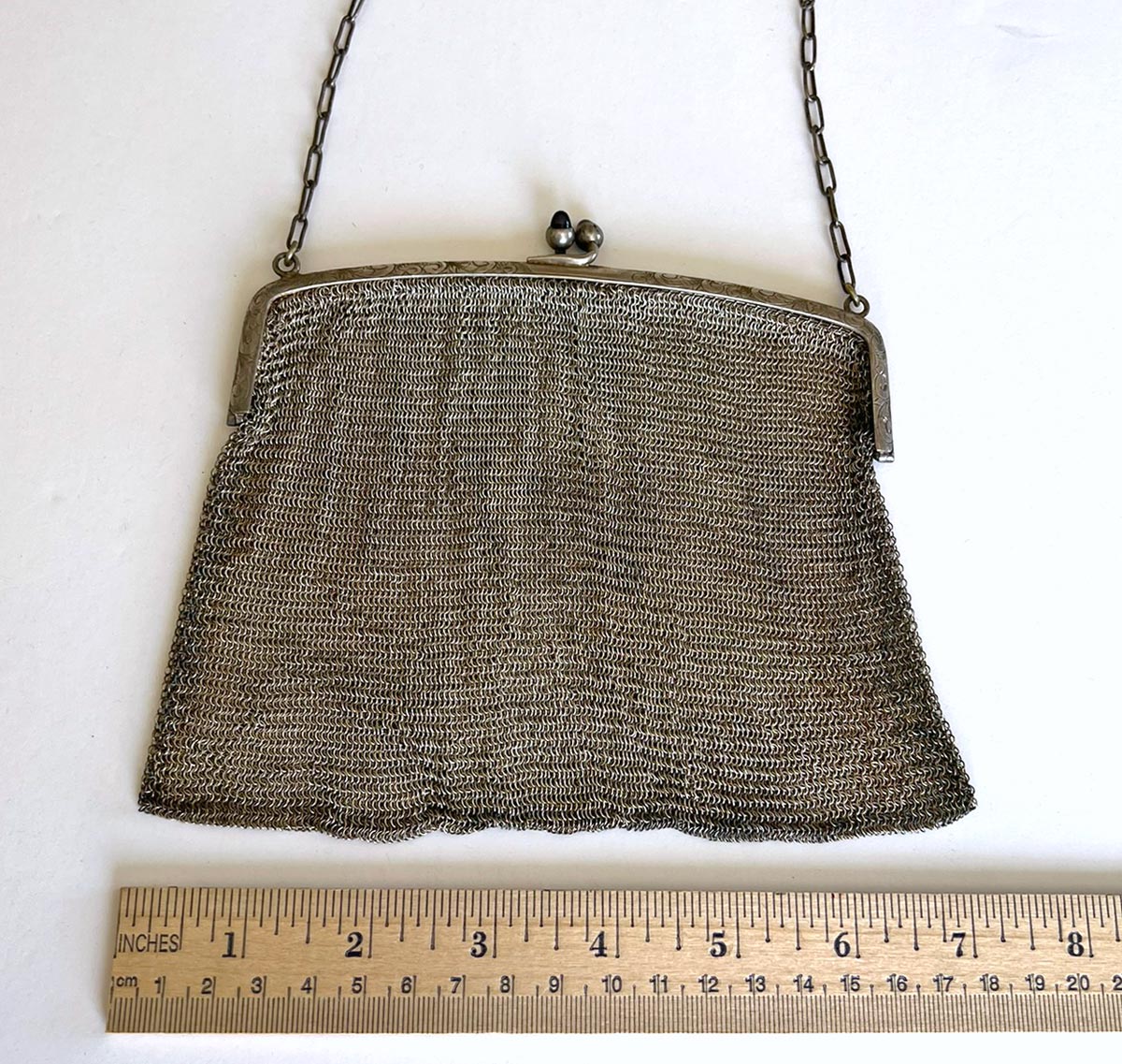 20s Vintage Micro Mesh Chainmail Purse Antique Handbag Faux Sapphire Clasp VFG