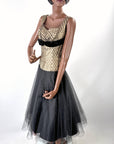 50s Party Dress Gold & Black Shelf Bust Vintage Harlequin Brocade & Net Small VFG