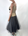 50s Party Dress Gold & Black Shelf Bust Vintage Harlequin Brocade & Net Small VFG