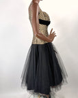 50s Party Dress Gold & Black Shelf Bust Vintage Harlequin Brocade & Net Small VFG