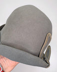 20s Brimmed Cloche Flapper Hat Gray Felt Pleated Large Marcasite Hatpin VFG