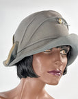 20s Brimmed Cloche Flapper Hat Gray Felt Pleated Large Marcasite Hatpin VFG