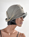 20s Brimmed Cloche Flapper Hat Gray Felt Pleated Large Marcasite Hatpin VFG