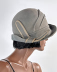 20s Brimmed Cloche Flapper Hat Gray Felt Pleated Large Marcasite Hatpin VFG