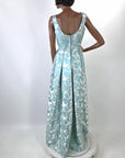 60s Vintage Tiffany Blue Brocade Formal Dress Audrey Evening Gown Small VFG