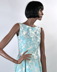 60s Vintage Tiffany Blue Brocade Formal Dress Audrey Evening Gown Small VFG