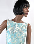 60s Vintage Tiffany Blue Brocade Formal Dress Audrey Evening Gown Small VFG